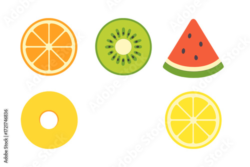 Collection of colorful tropical fruit slices including orange, kiwi, watermelon, pineapple, and lemon for healthy eating concepts