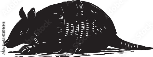 A detailed black and white illustration of an armadillo with its protective shell and pointed ears isolated on a white background