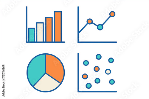 Modern collection of diverse data visualization charts and graphs, including bar, line, pie, and scatter plots, for business and analytics