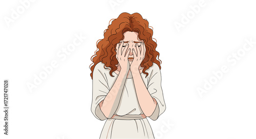 Young Woman Covering Face in Distress with Curly Hair Isolated on Transparent Background