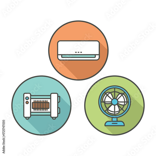 Air conditioner, heater, and fan provide climate control in colorful circular representations, offering comfort and convenience.