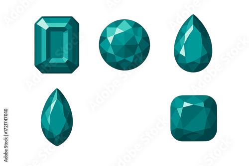 Collection of faceted teal gemstones in various shapes including emerald cut, round, pear, and marquise on a white background