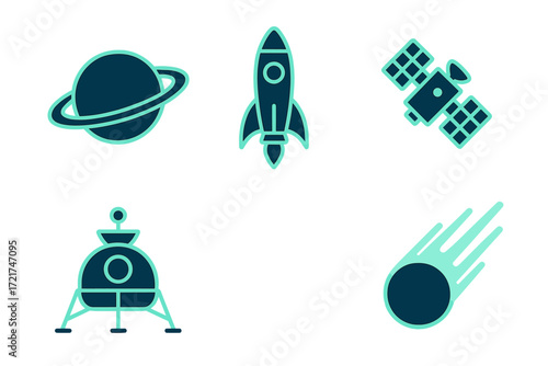 Modern stylized space exploration icons featuring planet, rocket, satellite, lunar lander, and comet