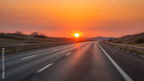 Sunset highway with blurred motion effect and warm golden tones in a simple landscape.