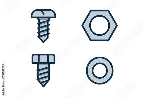 Assortment of essential metal fasteners including various screws, a hexagonal nut, and a round washer