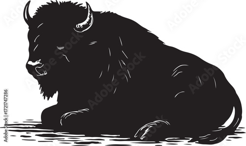 Majestic silhouette of a large bison sitting down on a textured ground with a white background
