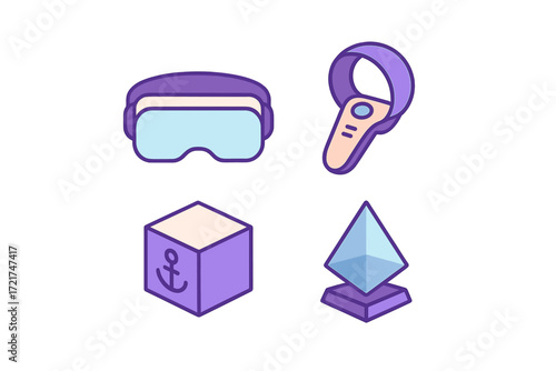Virtual reality headset and controller with abstract geometric shapes representing digital metaverse concepts and augmented reality technology