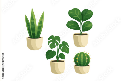 Stylized collection of popular green potted houseplants like snake plant monstera fiddle leaf fig and cactus for interior decoration