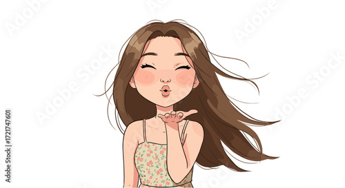 Cute young woman blowing a kiss with windblown hair isolated on transparent background