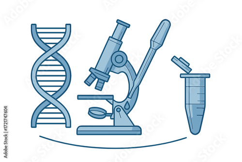 Essential scientific research tools featuring DNA double helix, optical microscope, and laboratory test tube