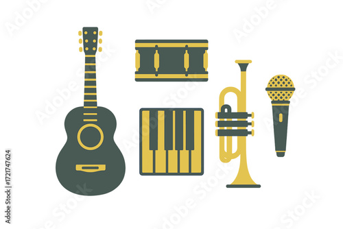 Diverse collection of musical instruments including acoustic guitar, drum, piano keyboard, trumpet, and microphone for sound and entertainment concepts