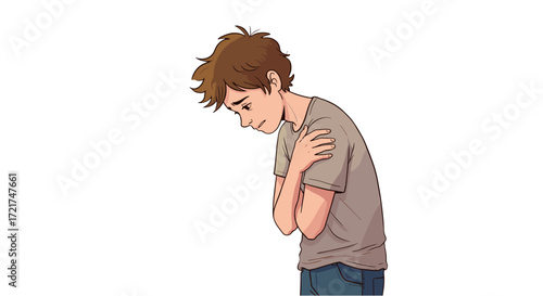 Young Man Embracing Himself Feeling Sad Lonely Worried Isolated on Transparent Background