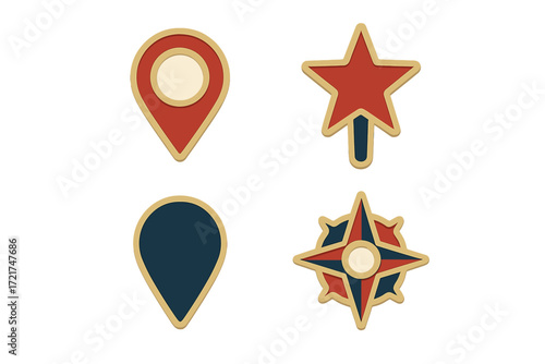 Stylized collection of map location pins, star pointer, and compass rose symbols for navigation, direction, and travel applications