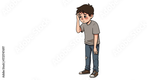 Young Boy Feeling Sick With Fever Holding His Forehead Feeling Unwell Isolated on Transparent Background