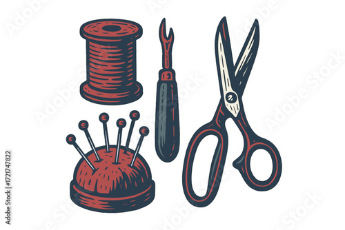 Collection of essential sewing tools including thread spool, seam ripper, scissors, and pincushion with pins