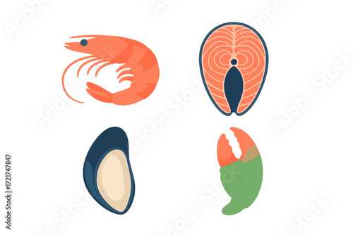 Delicious fresh seafood collection featuring shrimp, salmon steak, mussel, and crab claw on a clean white background