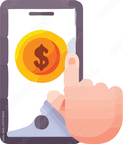 A finger taps a dollar coin displayed on a smartphone screen