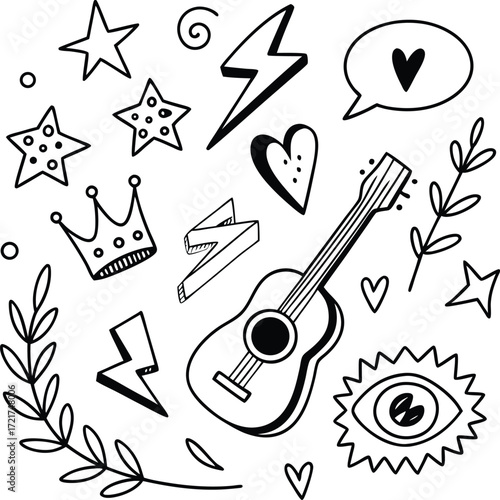 The Eternal Rise of Heavy Meta. Doodle icon drawn punk music sketch set.