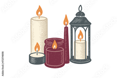 Assortment of glowing candles in various forms, including a tall pillar, a slender taper, small votives, and a classic lantern, radiating a comforting light