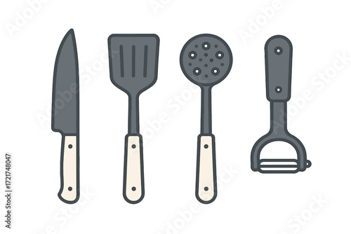 Essential kitchen cooking utensils set featuring a chef's knife, slotted spatula, skimmer spoon, and vegetable peeler for food preparation