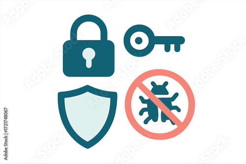 Digital security concept with padlock, key, shield, and bug prevention symbols representing internet safety and data protection