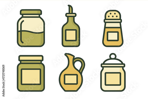 Assortment of kitchen condiment containers including oil, salt, and spice jars for culinary use and food preparation