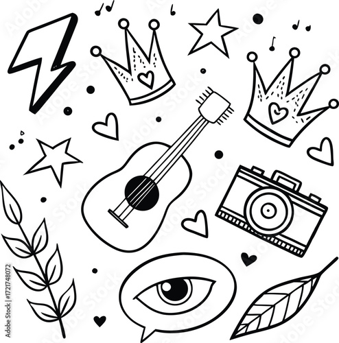 The Eternal Rise of Heavy Meta. Doodle icon drawn punk music sketch set.