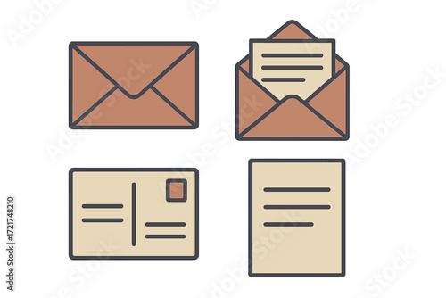 Essential communication and correspondence icons featuring closed and open envelopes, letters, and postcards for various uses