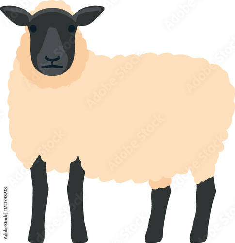 A flat illustration of a sheep with a beige fleece and black legs and face