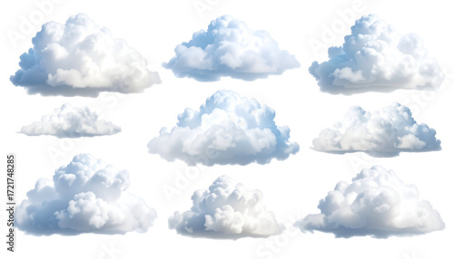 A collection of twelve stylized cloud shapes.  Various shades of white and light gray, outlined in black.  Different sizes and cloud formations, arranged in a grid pattern