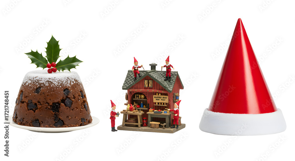 Fototapeta premium Traditional Christmas pudding, miniature holiday house decoration, and classic red Santa hat on white background, perfect for holiday and festive designs
