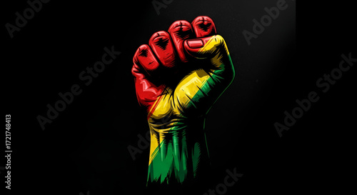A powerful graphic illustration of a raised fist painted with Pan African colors symbolizing protest solidarity and empowerment on a dark background.