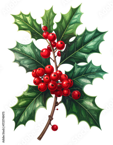 Vibrant holly sprig with glossy leaves and clusters of red berries