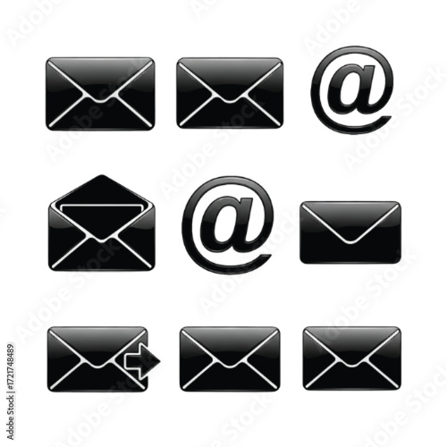 A collection of nine glossy black icons representing email and the at symbol, arranged in a 3x3 grid.