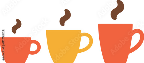 Three steaming coffee cups in increasing size and warm colors