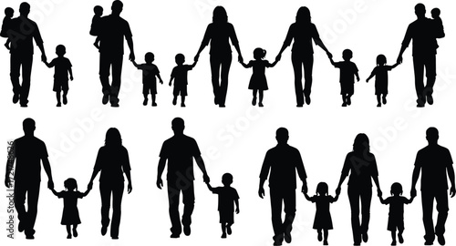Black silhouette illustration of diverse families with adults and children walking hand‑in‑hand, symbolizing parenting, unity, love, care, and togetherness themes