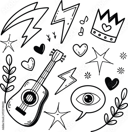 The Eternal Rise of Heavy Meta. Doodle icon drawn punk music sketch set.