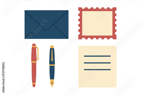 Classic stationery items including a sealed envelope, blank postage stamp, elegant fountain pens, and a lined sheet of paper