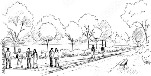 Hand-drawn sketch people illustrations, people vector in park out door illustration, Minimal style hand drawn, set elements for architecture and landscape design. Sections, Elevations, Floor Plans.