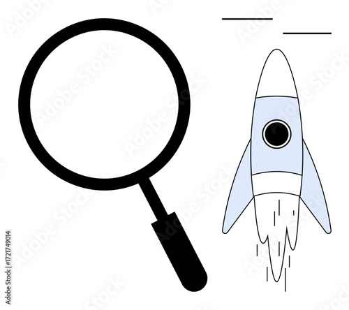 Large magnifying glass beside a launching rocket. Ideal for exploration, growth, innovation, research, startup strategy, discovery, and progress. Simple flat metaphor
