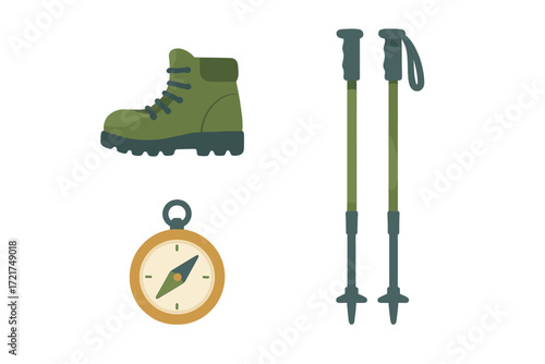 Essential outdoor adventure equipment featuring a hiking boot, navigation compass, and trekking poles for exploration