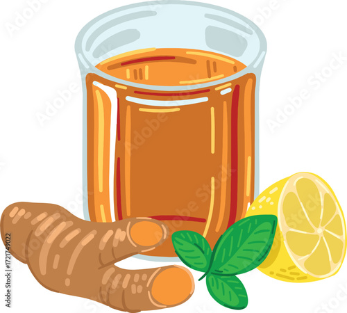 A glass of orange liquid with ginger lemon and mint