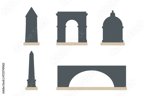 Collection of iconic architectural monuments and historical landmarks silhouettes representing famous global structures and ancient buildings
