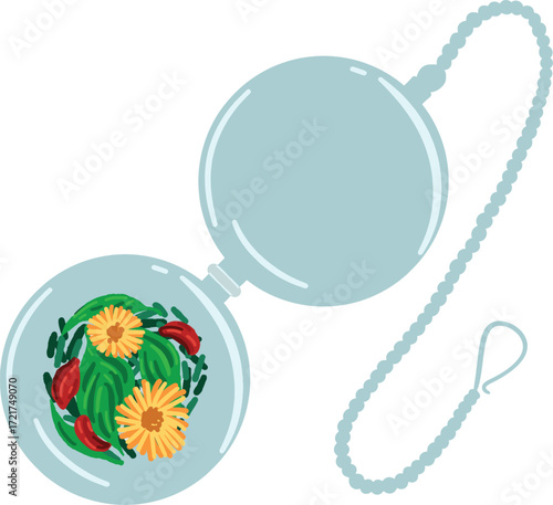 A glass orb locket with flowers and a beaded chain