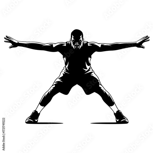 Powerful basketball player intensely defending position with arms outstretched vector graphic ready for team branding and sports promotions