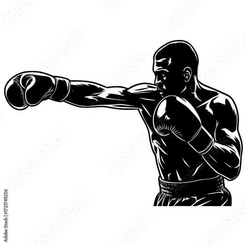 Powerful black and white silhouette of a boxer throwing a punch perfect for sports branding or fitness motivation originally vector art