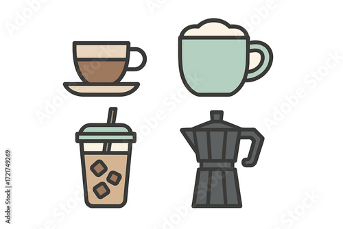 Assortment of coffee beverages and brewing tools featuring a traditional cup, latte mug, iced drink, and moka pot