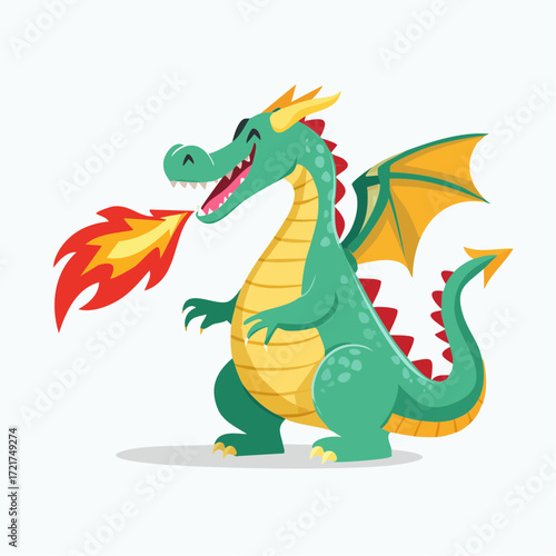 Cartoon illustration of a cute green dragon breathing fire.