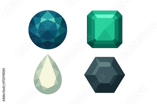 Collection of faceted gemstones in various shapes and colors including round, emerald, pear, and hexagon cuts
