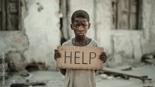Voice for Help: A poignant portrayal of a young person, conveying desperation, holds a simple sign demanding aid, framed within a setting of poverty and adversity, highlighting humanitarian themes.